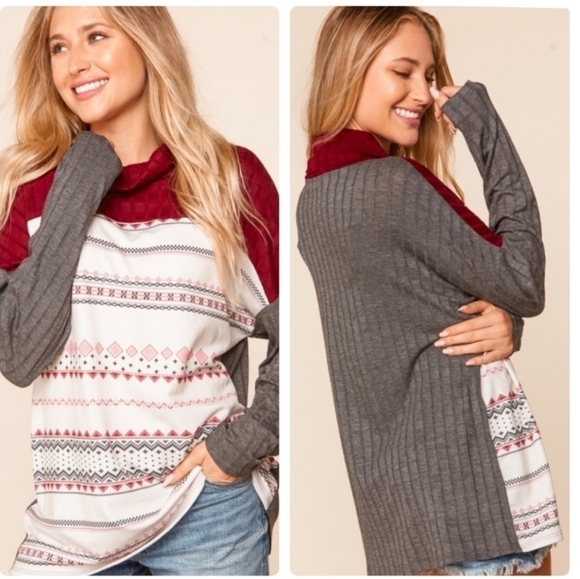 A Girl Thing Tops - Ribbed Crimson Cowl Neck Turtleneck with French Terry Ethnic/Tribal Print